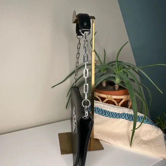 Tory Burch Black Leather Fold-Over Clutch | Removable Chain Strap | Silver Logo - Picture 3 of 12